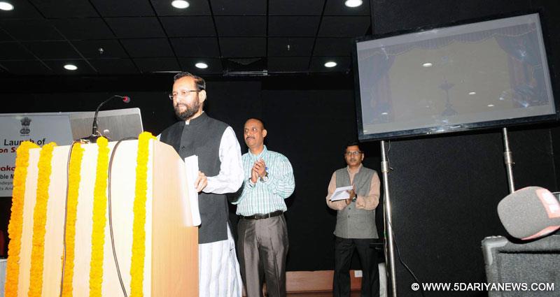 Prakash Javadekar launching the first version of the Geographical Information System (GIS) based Decision Support System for Forest Clearances, in New Delhi on November 11, 2014. 