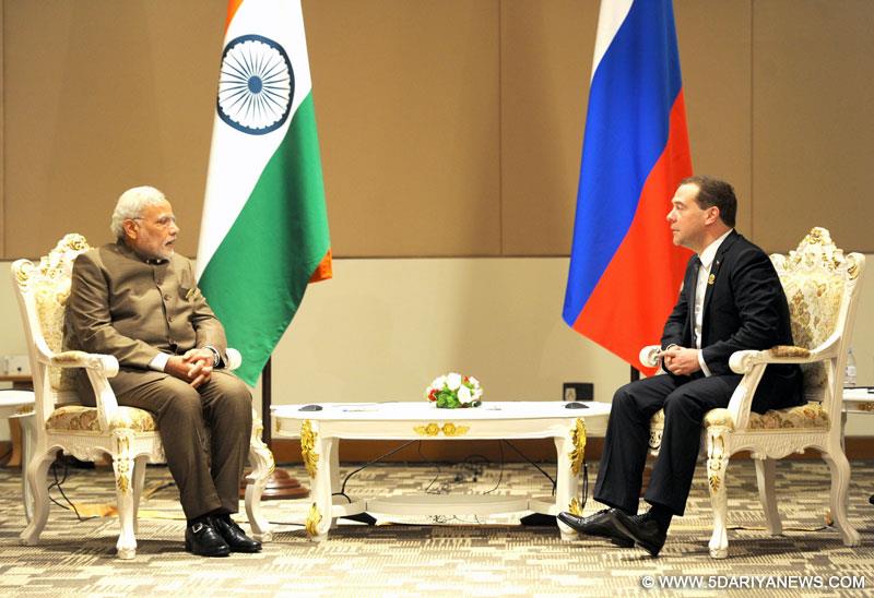 The Prime Minister, Narendra Modi meeting the Prime Minister of Russian Federation, Dmitry Medvedev, in Nay Pyi Taw, Myanmar on November 13, 2014.