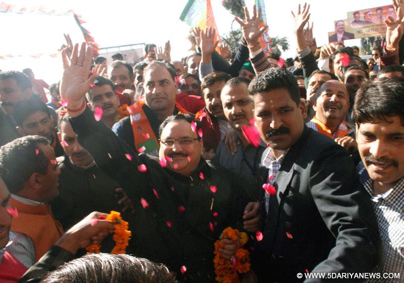 Union Health minister J P Nadda being welcomed by party workers at BJP office in Shimla on Nov. 15, 2014.