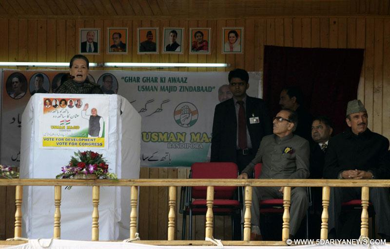 Congress chief Sonia Gandhi addresses a rally in Bandipora of Jammu and Kashmir on Nov 21, 2014. 