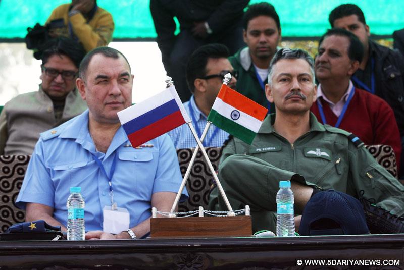 Major General Alexander N. Lyapkin of Russian Federation Air Force (RFAF) accompanied by Air Commodore P.K. Vohra Air Officer Commanding Air Force Station Halwara witnessing ‘air to ground’ firing by IAF fighter aircraft and helicopters, at Sidhwan Khas Range near Halwara during the ongoing Exercise Avia Indra-I, on November 25, 2014.
