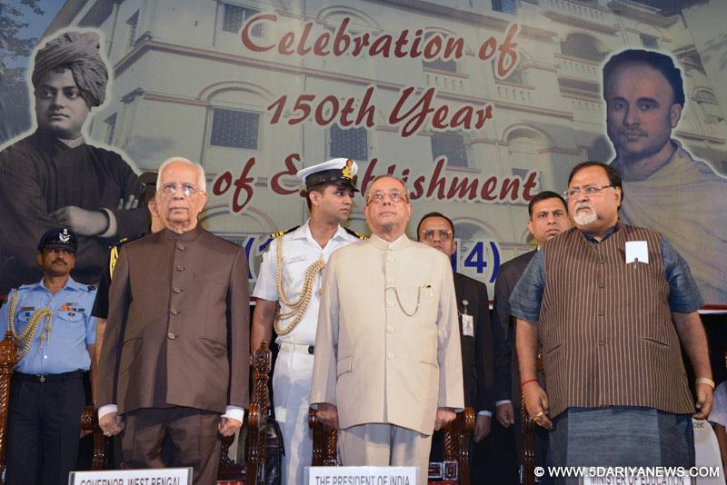 The President, Pranab Mukherjee at the closing ceremony of the 150th Birth Anniversary of Metropolitan Institution (Main), in Kolkata on November 29, 2014. The Governor of West Bengal, Keshari Nath Tripathi is also seen.