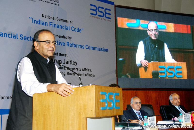 Arun Jaitley addressing at the National seminar on the “Indian Financial Code” recommended by the Sector Legislative Reforms Commission, at BSE, in Mumbai on November 29, 2014. The former Judge Supreme Court of India, Justice Shri B. N. Srikrishna is also seen.