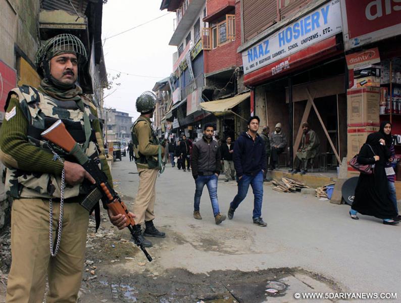 Srinagar: Security beefed-up in Srinagar following a grenade attack at Lal Chowk of the city on Dec 1, 2014. 
