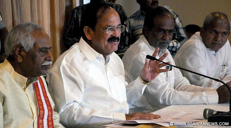 Hyderabad: Union Minister for Parliamentary Affairs M. Venkaiah Naidu during a press conference in Hyderabad on Dec. 6, 2014. Also present were Union minister Bandaru Dattatreya and BJP leader in Telangana Legislative Assembly K. Laxman.