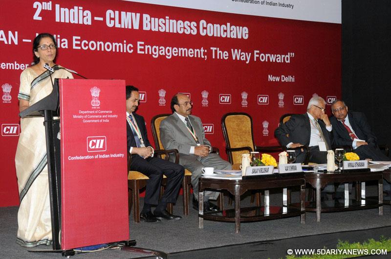 Nirmala Sitharaman addressing at the 2nd India-Cambodia, Laos, Myanmar, Vietnam (CLMV) Conclave, in New Delhi on December 11, 2014