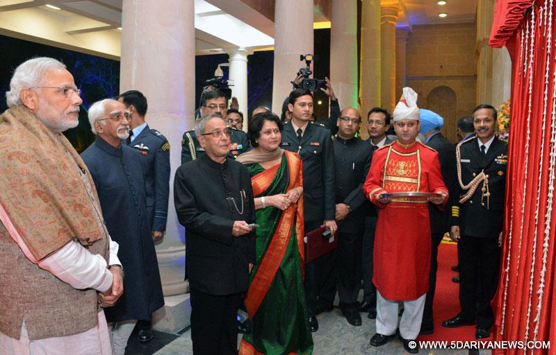 Pranab Mukherjee, President, Mohd. Hamid Ansari and the Prime Minister, Narendra Modi at the inauguration ceremony of the Ceremonial Hall, at the President