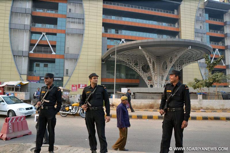 Gurgaon: Security personnel deployed at the HUDA City Centre metro station after a bomb threat in Gurgaon, on Dec 17, 2014.