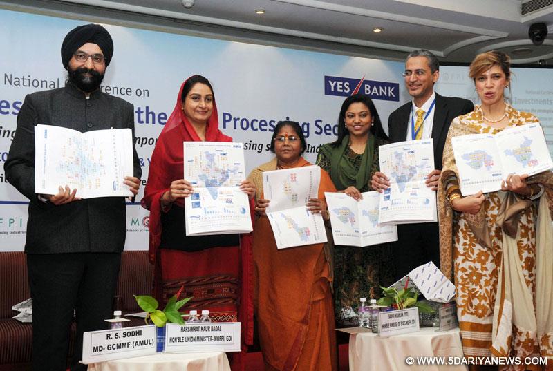 The Union Minister for Food Processing Industries, Harsimrat Kaur Badal releasing the ‘Fruits & Vegetables Availability Maps of India’, at the National Conference on Spurring, Financing & Investments in the Food Processing Sector, in New Delhi on December 18, 2014. The Minister of State for Food Processing Industries, Sadhvi Niranjan Jyoti and other dignitaries are also seen. 