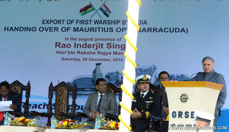 Rao Inderjit Singh addressing at the handing over ceremony of the Mauritius Offshore Patrol Vessel (MOPV) “Barracuda” built by the Garden Reach Ship Builders and Engineers Ltd. (GRSE) to the Government of Mauritius, in Kolkata on December 20, 2014. 