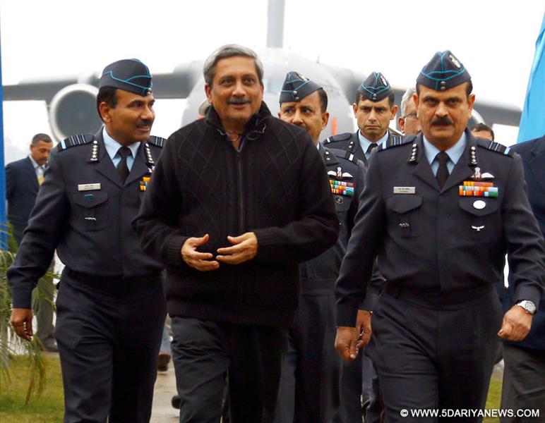 The Union Minister for Defence,Manohar Parrikar accompanied by the Chief of the Air Staff, Air Chief Marshal Arup Raha and the Air Officer Commanding-in-Chief , Western Air Command, Air Marshal S.S. Soman, during his visit to the Air Force Station Hindan on January 02, 2015. 