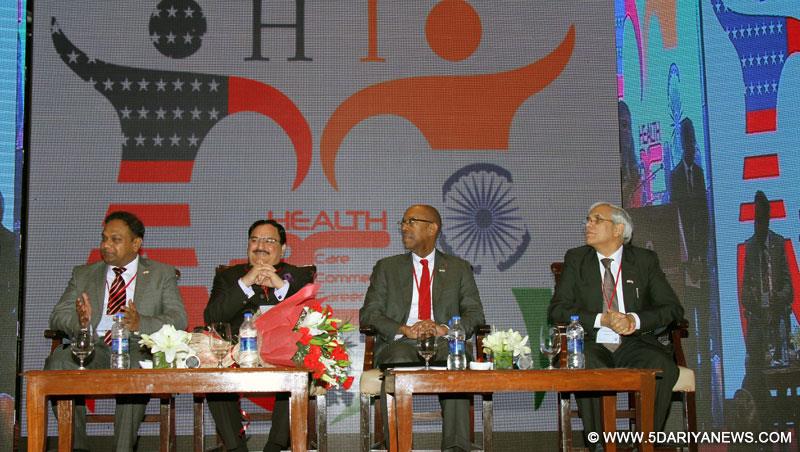 Jagat Prakash Nadda at the “H3C Health Sciences Innovation Conference”, in Mumbai on January 15, 2015. Prof. Michael Drake, the President, Ohio State University and the Director, AIIMS, New Delhi, Shri M.C. Mishra are also seen.