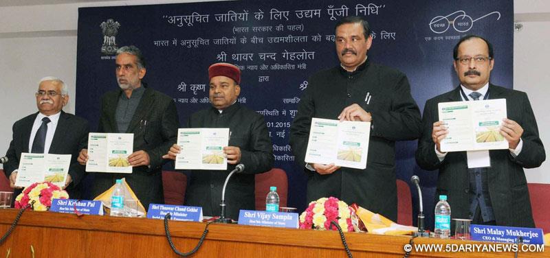 The Union Minister for Social Justice and Empowerment Thaawar Chand Gehlot releases the brochure of NSFDC at the launch of the Venture Capital Fund for Scheduled Castes, in New Delhi on Jan 16, 2015. Also seen the Union Minister of State for Social Justice and Empowerment, Krishan Pal, the Union Minister of State for Social Justice and Empowerment Vijay Sampla.   