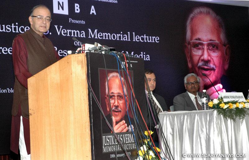 Arun Jaitley delivering the 1st Justice J.S. Verma Memorial lecture on the ‘Freedom & Responsibility of Media’, in New Delhi on January 18, 2015.