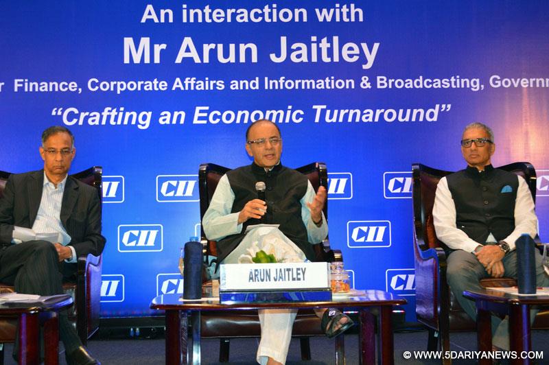 Arun Jaitley interacting with members of Confederation of Indian Industry on “Crafting an Economic Turnaround”, in Chennai on January 19, 2015.