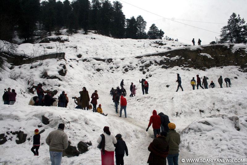 Kufri: Tourists enjoy themselves as Kufri, a hill station near Shimla receives fresh snowfall on Jan 22, 2015. 