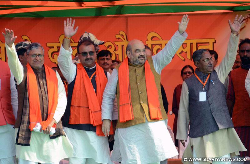BJP chief Amit Shah with party leader Sushil Kumar Modi, Bihar BJP chief Mangal Pandey and others during a party rally in Patna on Jan 23, 2015.
