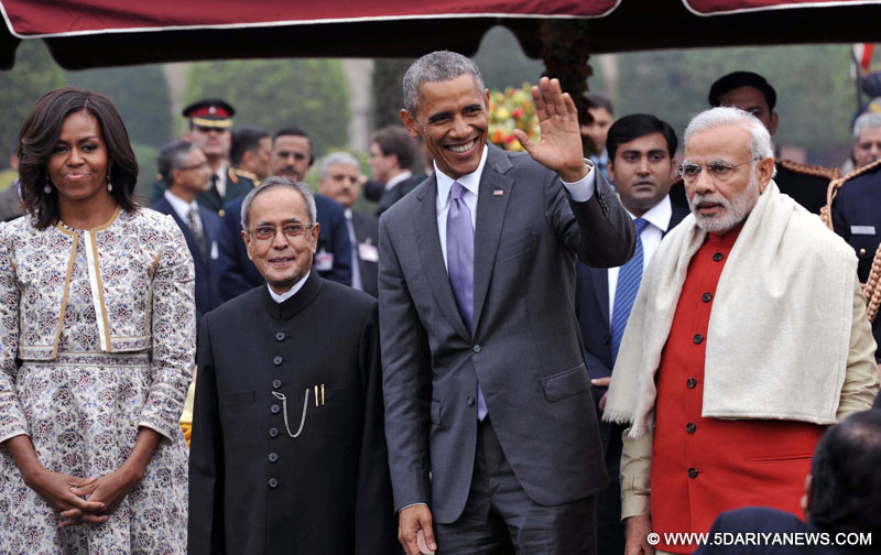 Narendra Modi with the Chief Guest of Republic Day, US President, Barack Obama, the First Lady Michelle Obama, during ‘At Home` reception, on 66th Republic Day celebrations, at Rashtrapati Bhavan, in New Delhi 