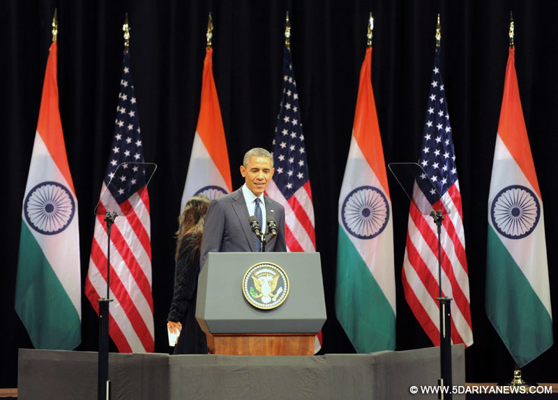 US President Barack Obama addresses an audience at the Siri Fort Auditorium in New Delhi on Jan. 27, 2015.