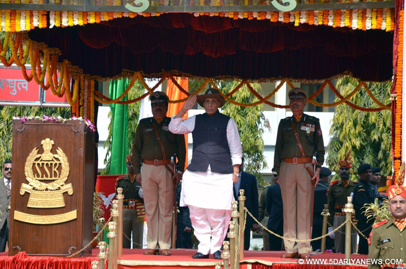 Rajnath Singh taking the salute during the Passing Out Parade of Assistant Commandants of SSB, at Srinagar, in Uttarakhand 