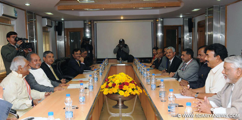 K. Chandrashekar Rao meeting the Union Minister for Mines and Steel, Narendra Singh Tomar and Bandaru Dattatreya, in New Delhi on February 06, 2015.