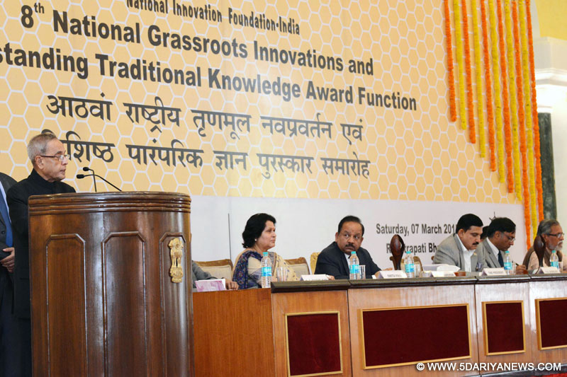 Pranab Mukherjee addressing at the 8th National Biennial Awards for Grassroots Innovations and outstanding Traditional Knowledge, at Rashtrapati Bhavan, in New Delhi on March 07, 2015. 
