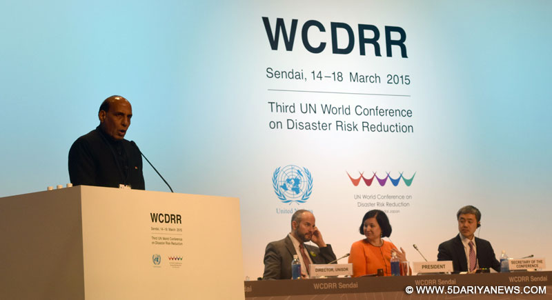 The Union Home Minister, Rajnath Singh addressing the 3rd UN World Conference on Disaster Risk Reduction, in Sendai, Japan on March 14, 2015