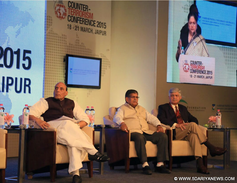 The Union Home Minister, Rajnath Singh addressing the inaugural session of the International Counter-Terrorism Conference, at Jaipur, in Rajasthan on March 19, 2015.