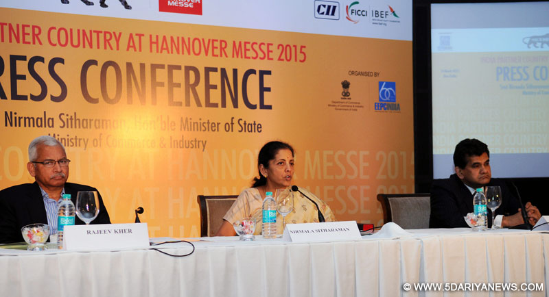 Nirmala Sitharaman briefing the media at the Curtain Raiser Press Conference on Hannover Messe 2015, in New Delhi on March 23, 2015. 