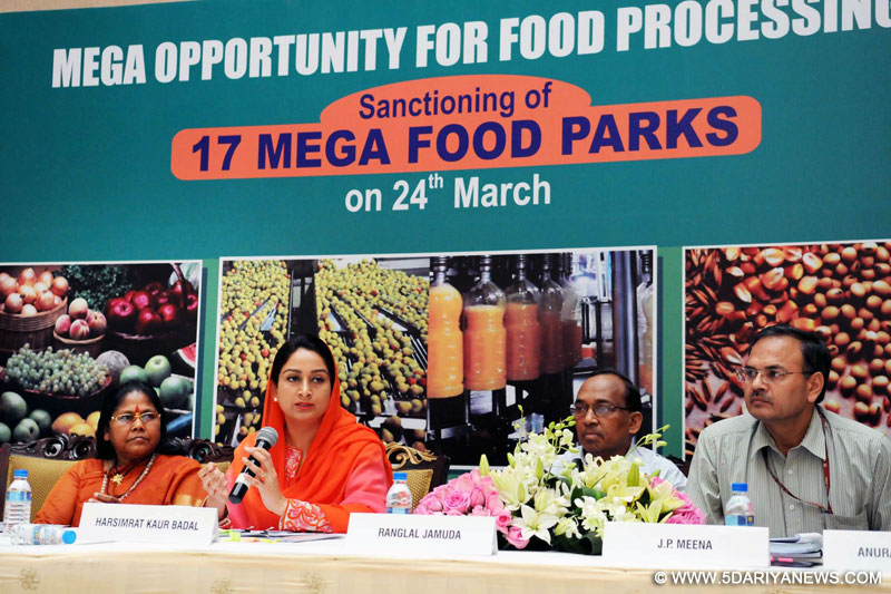 Harsimrat Kaur Badal addressing the Press Conference on sanctioning of 17 Mega Food Parks, in New Delhi on March 24, 2015. 