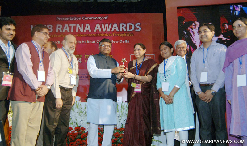 Ravi Shankar Prasad presented the Web Ratna Awards, at a function, in New Delhi on March 25, 2015. The Secretary, Department of Electronics and Information Technology, Shri R.S. Sharma and other is also seen.