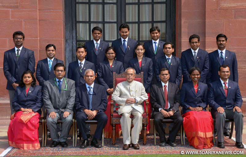 The President, Pranab Mukherjee with the Probationers of the Indian Postal Service of 2014 Batch, at Rashtrapati Bhavan, in New Delhi on March 26, 2015.