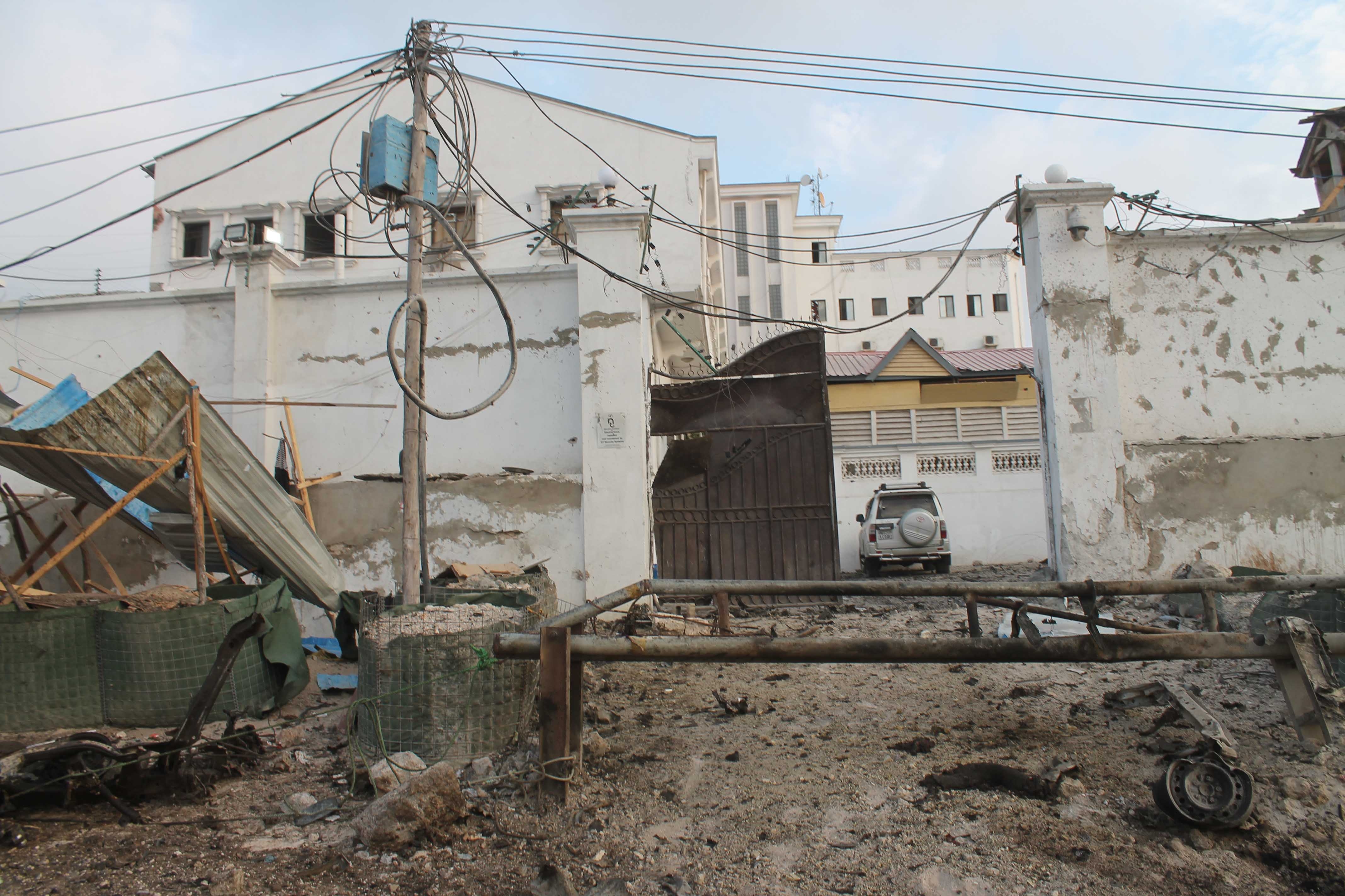 Photo shows the front gate of Maka Al-mukarama Hotel after an explosion in Mogadishu, capital of Somalia, on March 27, 2015. At least five people were killed and scores injured in a suicide car explosion in Somali capital Mogadishu