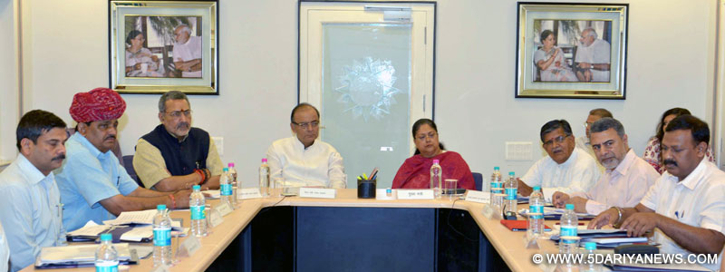 Arun Jaitley and the Chief Minister of Rajasthan,  Vasundhara Raje Scindia at a high level meeting after visiting the untimely rains affected areas of Rajasthan, in Rajasthan on March 29, 2015. 
