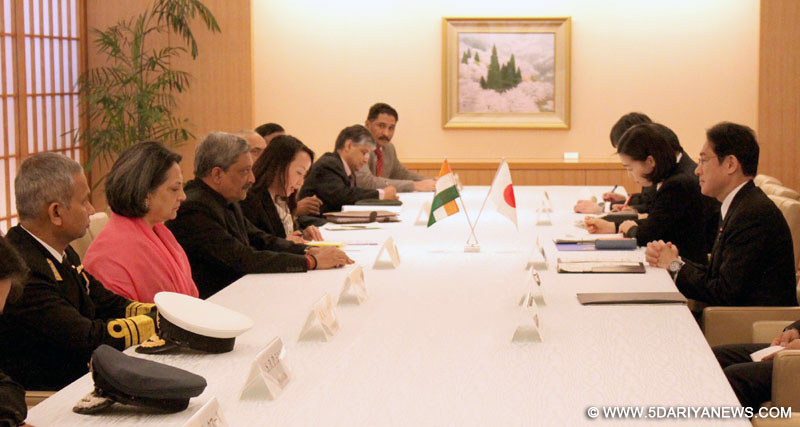 Manohar Parrikar and the Foreign Minister of Japan, Fumio Kishida at the delegation level talks, in Tokyo on March 31, 2015. 