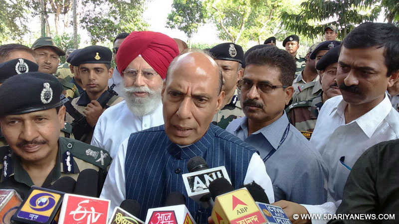 Rajnath Singh interacting with the media after visiting Panbari Border out Post near Teen Bigha corridor in Cooch Behar district, West Bengal on March 31, 2015