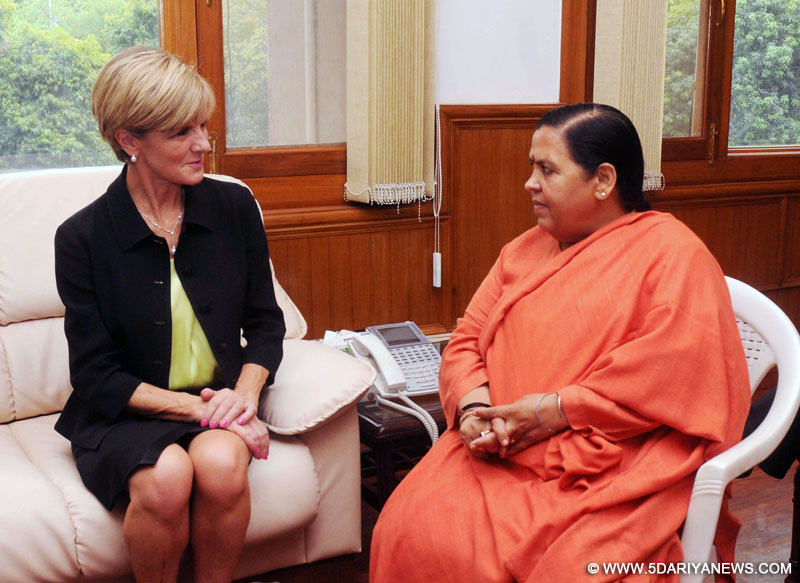 The Minister of Foreign Affairs, Australia,Julie Bishop calling on Union Minister for Water Resources, River Development and Ganga Rejuvenation,  Uma Bharti, in New Delhi on April 13, 2015.