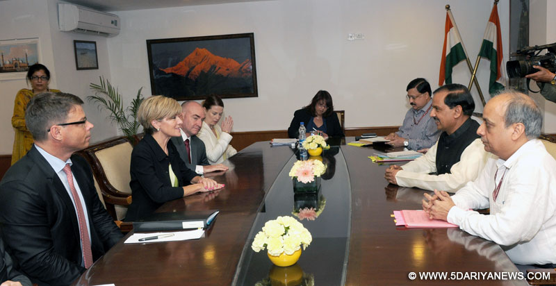 The Minister of Foreign Affairs, Australia, Julie Bishop meeting the Minister of State for Culture (Independent Charge), Tourism (Independent Charge) and Civil Aviation, Dr. Mahesh Sharma, in New Delhi on April 13, 2015.