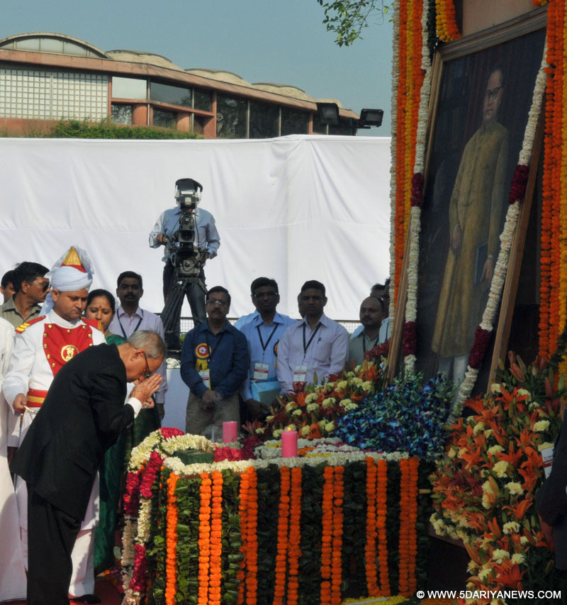 The President, Pranab Mukherjee paying homage to the statue of Babasaheb Dr. B.R. Ambedkar on the occasion of his birth anniversary, at Parliament House, in New Delhi on April 14, 2015.