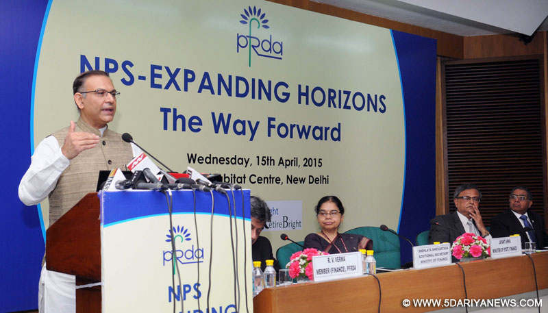 The Minister of State for Finance, Jayant Sinha addressing at the inauguration of a Conference for NPS Corporates, in New Delhi on April 15, 2015.