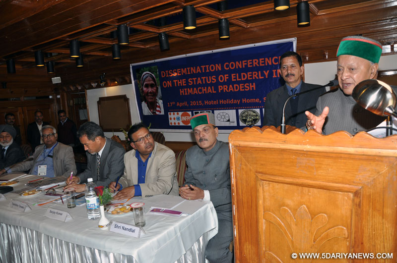 Chief Minister Virbhadra Singh addressing a conference on status of elderly in Himachal Pradesh at Shimla on 17 April 2015