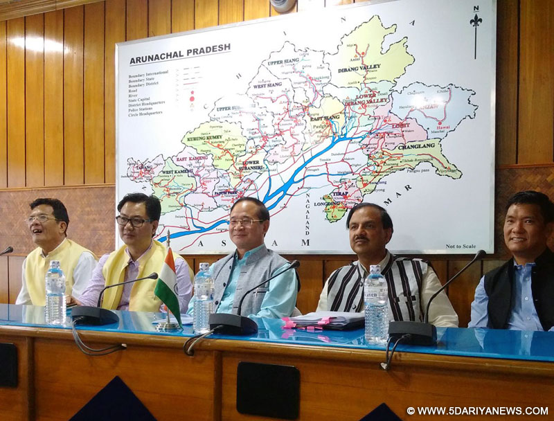 Dr. Mahesh Sharma along with the Chief Minister of Arunachal Pradesh ,  Nabam Tuki and the Minister of State for Home Affairs,  Kiren Rijiju at a press conference, at Itanagar, in Arunachal Pradesh on April 17, 2015.