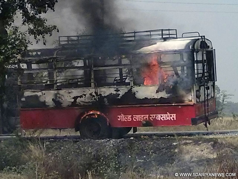 Amethi: The state transport bus in which nine people were burnt alive and six critically injured after it caught fire in Amethi on April 21, 2015. 