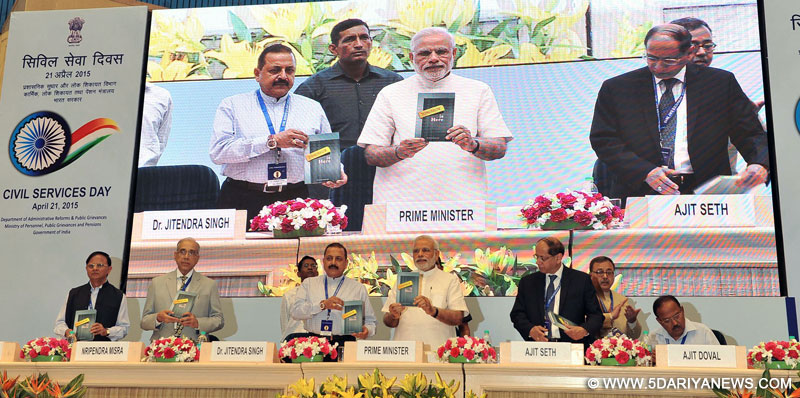 The Prime Minister, Narendra Modi releasing the book "Tomorrow is Here", a book about the best practices in Governance, at the Civil Services Day function, in New Delhi on April 21, 2015. 
