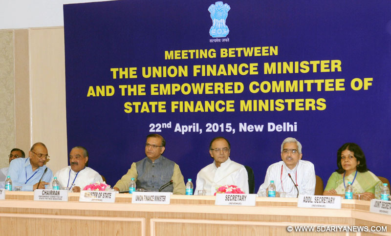 Arun Jaitley chairing the meeting of the State Finance Ministers, in New Delhi on April 22, 2015. The Minister of State for Finance, Jayant Sinha and other dignitaries are also seen.