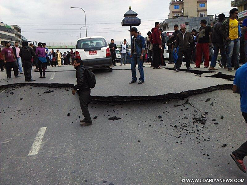 Kathmandu: Cracks appear in Kathmandu roads as a massive earthquake rocks Nepal on April 25, 2015. 