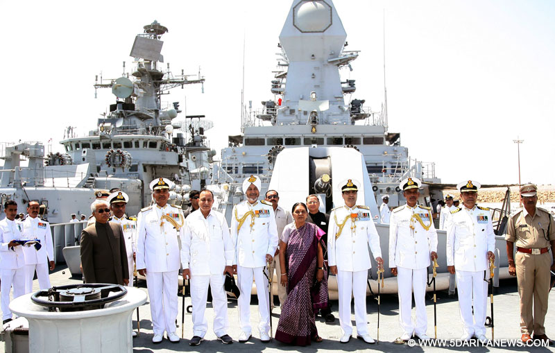 The Chief Minister of Gujarat,  Anandiben Patel unveiling the bust of Sardar Vallabhai Patel at the commissioning ceremony of INS Sardar Patel, in Gujarat on May 09, 2015. The Chief of Naval Staff, Admiral R.K. Dhowan is also seen.