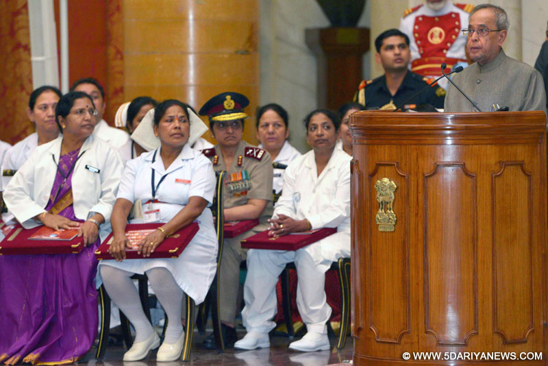 The President, Pranab Mukherjee addressing at the presentation ceremony of the Florence Nightingale Awards 2014, on the occasion of the International Nurses Day, at Rashtrapati Bhavan, in New Delhi on May 12, 2015.