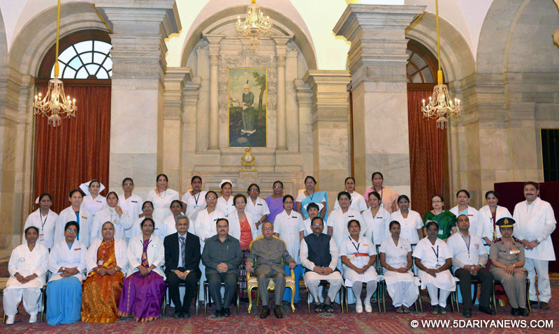 The President, Pranab Mukherjee presented the Florence Nightingale Awards 2015 to meritorious nursing personnel, on the occasion of the International Nurses Day, at Rashtrapati Bhavan, in New Delhi on May 12, 2015. 