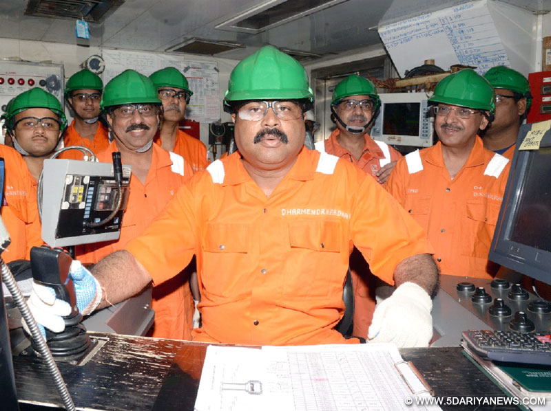The Minister of State for Petroleum and Natural Gas (Independent Charge), Dharmendra Pradhan at the control room of Rig-Virtue 1, in Mumbai Offshore on May 14, 2015.
